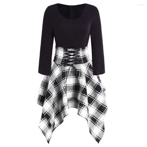 Casual jurken varen tartan asymmetrische jurk lange mouwen o-neck check plaid dames vintage 60s rockabilly feestvestidos 2023