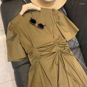 Robes décontractées à lacets Vintage solide plissé cordon Robe d'été Robe Femme Y2k Maxi ample longue pour les femmes Vestidos