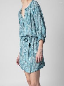 Robes décontractées à lacets femmes Paisley imprimé Viscose col rond rétro 2023 printemps été avant boutons femme Robe