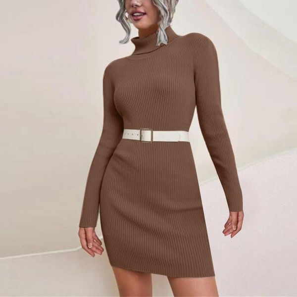 Vestidos casuales Damas Otoño Invierno Cuello alto Punto Suéter Vestido Manga larga Estiramiento Sexy para mujeres