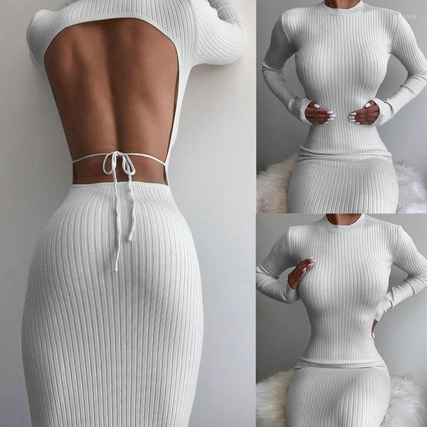 Vestidos casuales Vestido ajustado para mujer Sexy Halter Lace White Tight Manga larga Fiesta elegante Oficina Wrap Nalgas Falda lápiz