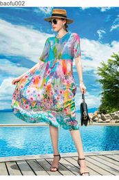 Casual jurken dames boho print bloemen zijden midi jurk 2022 Koreaanse versie retro casual feestjurk lente zomer nieuw licht elegante strandzon w0315