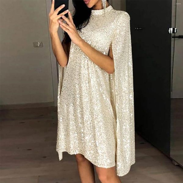 Robes décontractées Dames Cape Style Robe Couleur Solide Taille Haute Col Col Paillettes Sexy Élégant Slim Party avec