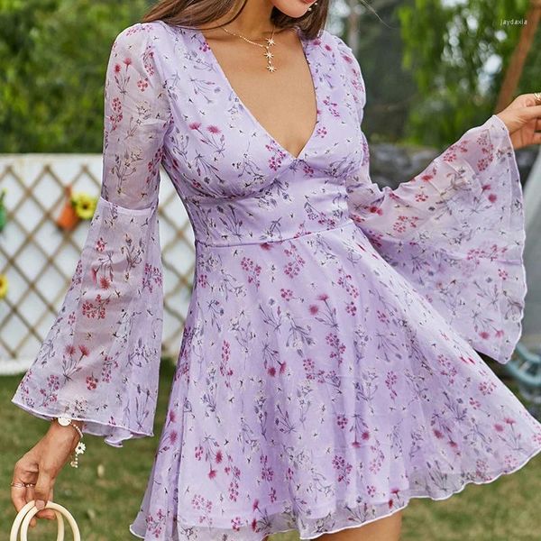 Robes décontractées dames col en v profond floral datant mini robe élégante pull en mousseline de soie mode manches évasées robes de fête française