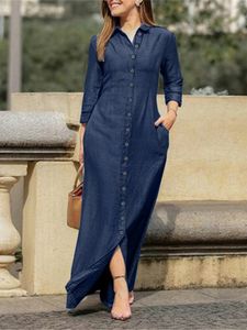 Robes Décontractées Dames Denim Robe Chemise Col Bouton Jupe Longue Lâche À Manches Longues Jupe Droite Casual Denim Jupe Mode Tempérament 230512