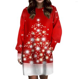 Robes décontractées Robe pour dames 2023 Automne Mode Thème de Noël Imprimer Col rond Manches longues Poches Lâche Élégant pour les femmes