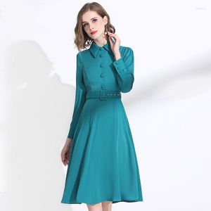 Robes décontractées Dames Robe Manches Longues 2022 Printemps Col Rabattu Couleur Unie Ceinture Mince A-Line Chic Sur Les Genoux M-XXL Cyan