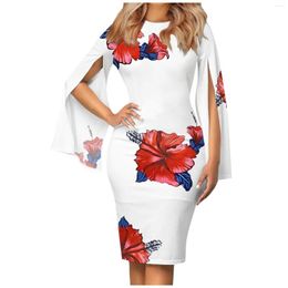 Robes décontractées dames robe fente à manches longues col rond mince mode taille haute pour les femmes 2023 été élégant fête soirée