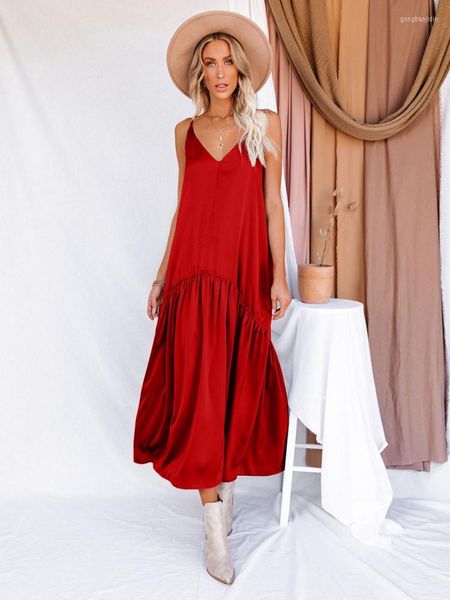 Robes Décontractées Dames Robe D'été 2023 Grandes Tailles 2XL Col En V Spaghetti Strap Ruffle Slip Long Noir Rouge Pli Plage Robes De Soleil Vestidos