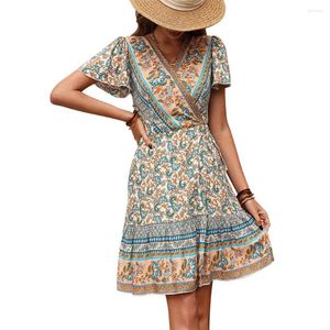 Casual jurken damesjurk v-hals bohemian stijl bloembladen mouw ademende elegante dagelijkse slijtage zachte vintage print mini strandkleding