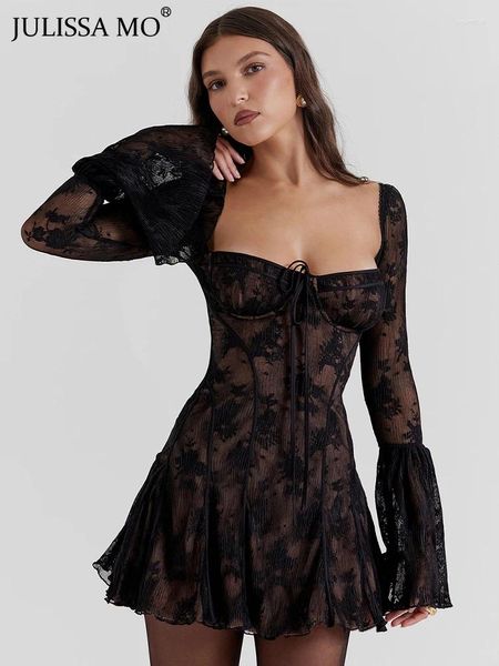 Robes décontractées mesdames élégant latérale carrée plaque de cou à manches longues mini-robe femme sexy 2024 Fashion Backless Slim tenues