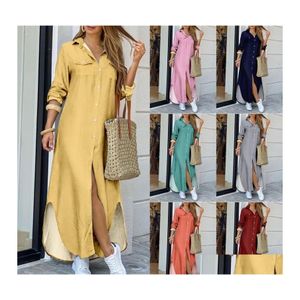 Robes décontractées Dames Mode Maxi Printemps Automne Designer Chemise Robe Revers Cou À Manches Longues Bonbons Jupe Lâche Drop Livraison Vêtements Dhcqo