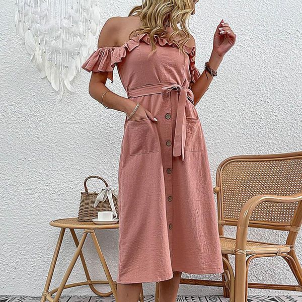 Robes Décontractées Dames Mode Manches Courtes Robe de Couleur Unie Vacances Chemise en Jean Été Équipée