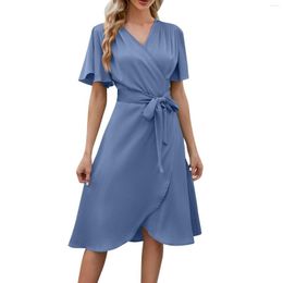 Robes décontractées dames manches évasées robe d'été femmes couleur unie plage fête une ligne Midi élégant à lacets enveloppement pour mariage