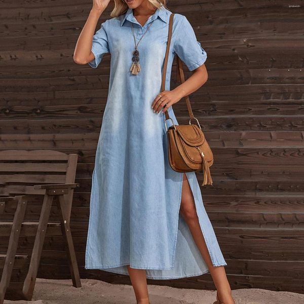 Robes Décontractées Dames Lâche À Manches Courtes Robe En Denim De Couleur Claire Pour Chemise Femmes À Manches Longues