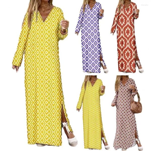 Robes décontractées Dames Maxi Robe Taille Haute Femmes Motif géométrique avec ourlet fendu col en V pour manches longues doux