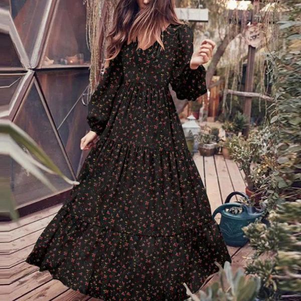 Vestidos casuales Vestido maxi para mujer Corte suelto Estampado de flores Con cuello en V Silueta de una línea con dobladillo Mangas de linterna para mujeres