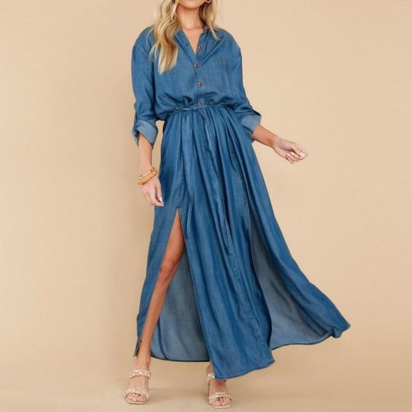 Robes Décontractées Dames Mi-Longueur Chemise Robe Sexy À Manches Longues Boutons Fendus Denim Mère Si La Mariée