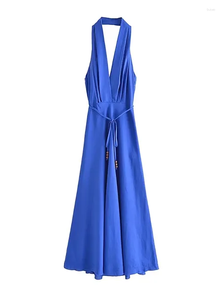 Robes décontractées pour les dames style collier collier sans manches bleu miamie midi