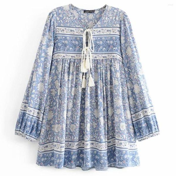 Robes décontractées Dames Rayonne Coton Cravate Cou Boho Robe Floral Porcelaine Imprimer À Manches Longues Plage Bohème Mini