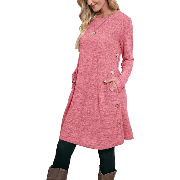 Robes décontractées Dames col rond robe à manches longues couleur unie coton tricot boucle poche une ligne robes d'été de mode pour les femmes automne 2023