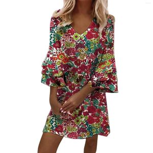 Robes décontractées Dames À Volants Manches Trompette Tunique Col En V Floral Lâche Mode Imprimé Ethnique Femmes Fête Petite Femmes