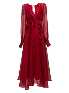 Robes décontractées dames printemps automne haute qualité mode fête rouge mince doux sexy à manches longues chic élégant luxe super maxi robe