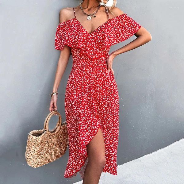 Vestidos casuales Ladies Spring Summer Straps Straps Mujeres Ruffles Off Shoulder Party Elegant Floral Print Beach 2024