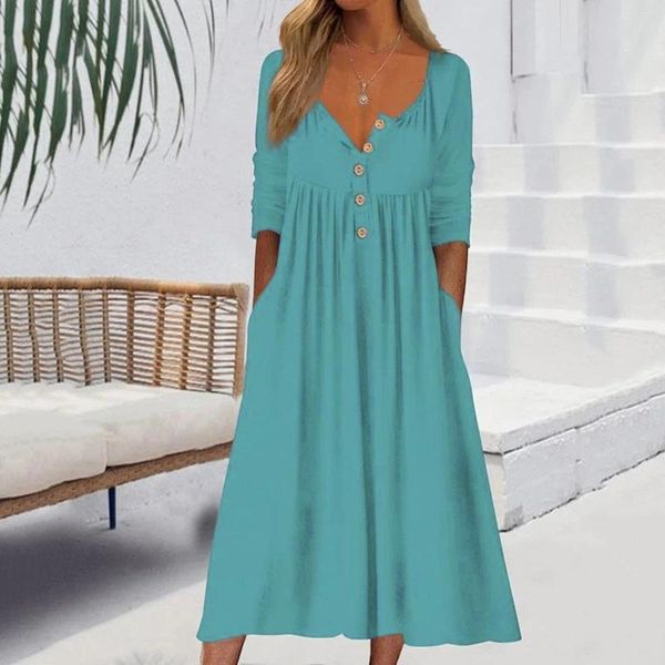 Robes décontractées dames vente d'été robe bouton avant solide balançoire demi manches mi-longueur femme vêtements robes