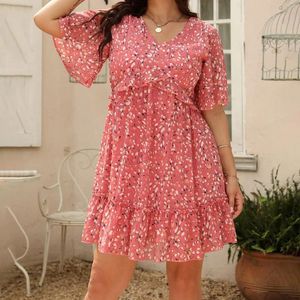 Casual jurken dames zomeruitverkoop bloemenprint vakantie V-hals losse grote maat ruche vloeiende swing chiffon comfortabele dameskleding