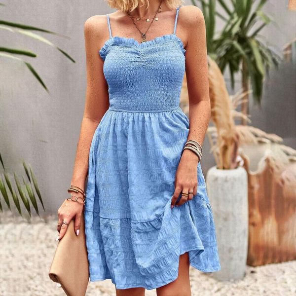 Vestidos informales para mujer, oferta de verano, tirantes, borde Floral sólido, gran vestido de columpio, ropa de mujer de vacaciones muy elástica, Vestidos