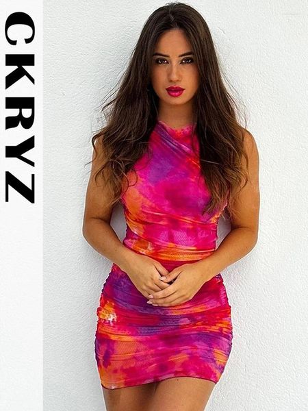 Vestidos casuales Damas Verano Tie Dye Impresión Sin mangas O-Cuello Y2K Sexy Bodycon Ruched Mini para mujeres Moda Fiesta de cumpleaños Clubwear