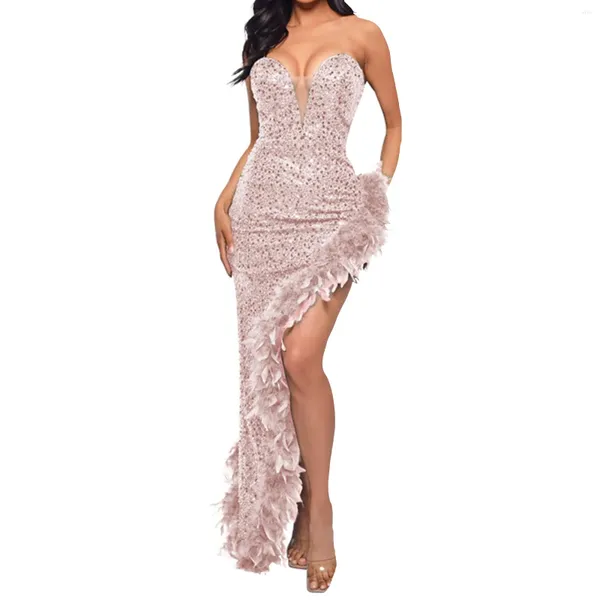 Vestidos informales Vestido de tubo para mujer Sin tirantes Sin respaldo Lado Slit Sexy Lentejuelas Pluma Dobladillo Vestido Celebrity Party Vestidos Moda Irregular