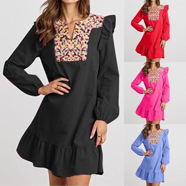 Robes décontractées dames col en V à manches longues robe élégante brodée Boho coton court