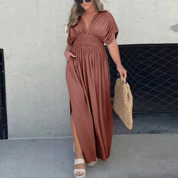 Robes décontractées Dames V-Col Maxi Robe Chic Été confortable avec manches chauve-souris Poches de taille élastiques pour les occasions de streetwear