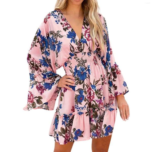 Vestidos casuales Vestido maxi de manga larga con cuello en V para mujer y falda corta con estampado floral y cintura elástica con estampado floral estilo coreano