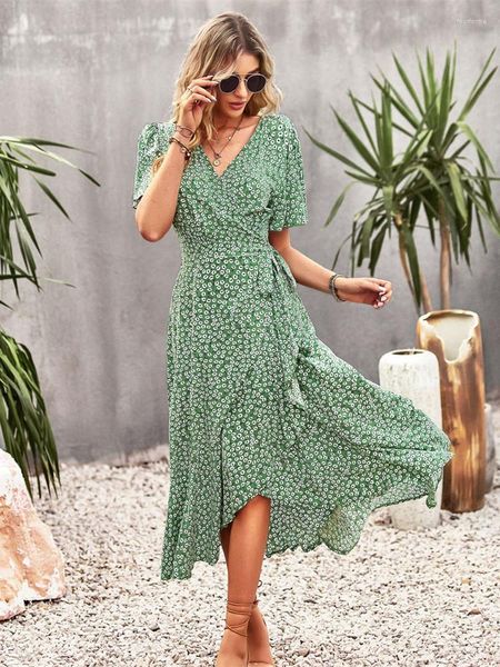 Vestidos casuales damas vintage boho estampado floral vestido de verano mujeres sueltas vacaciones playa largo vestido de verano bata femenina vestidos