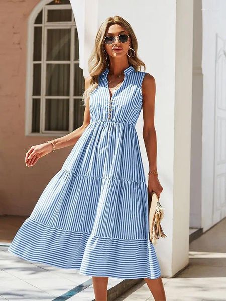 Robes décontractées mesdames vintage boho robe d'été femme sans manche de chemise à rayures de vacances tenues de robe