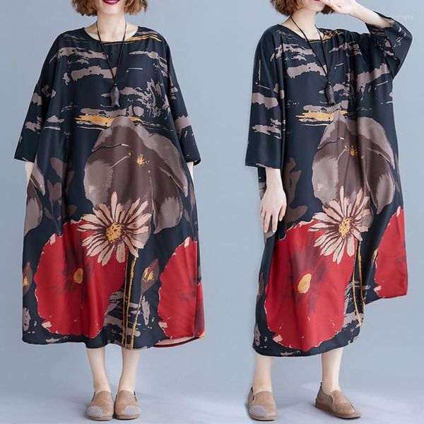 Robes décontractées Dames Femmes Robe Printemps Automne Style Chinois Vintage Imprimer Longues Robes Femme Élégante Femme Lâche Manches Chauve-Souris