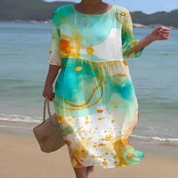 Robes décontractées robe de plage de plage imprimé floral A-line midi pour femmes manches longues en vrac de la plage de la plage