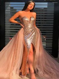 Robes décontractées Lady élégante paillettes sirène style robe de soirée femmes sexy poitrine enveloppant jupe fendue latérale 2023 champagne or formel