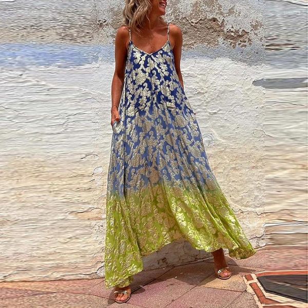 Vestidos casuales Lady Pattern Print V Cuello Sling Vestido elegante sin mangas plisado largo verano sin respaldo vacaciones dobladillo suelto playa