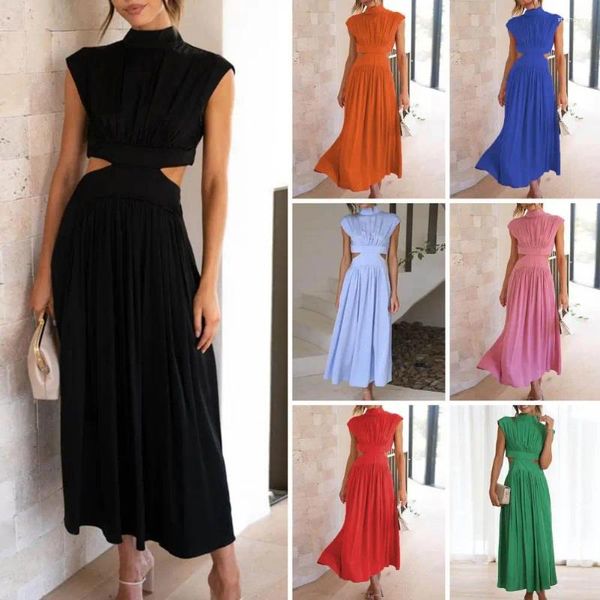 Vestidos casuales Lady Vestido de fiesta Plisado Color Sólido Stand Collar Hollow Out Dress-Up Mid-Becerro Longitud Fiesta de boda Mujeres Banquete