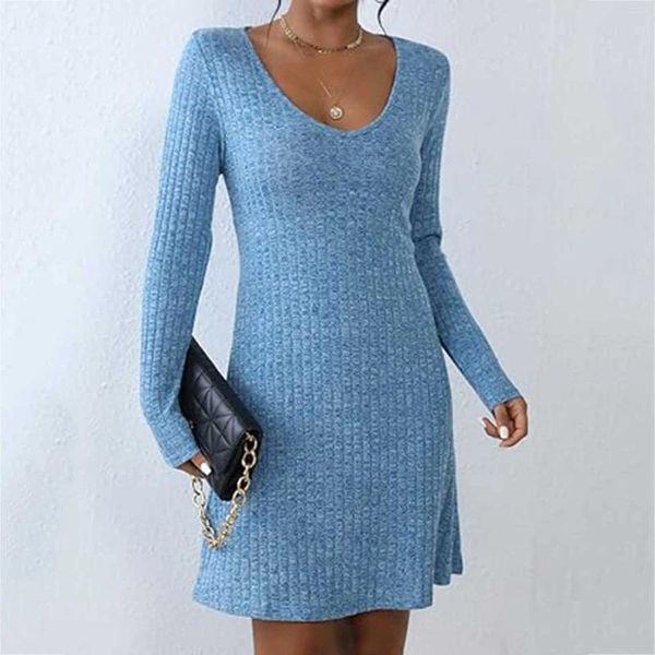 Robes décontractées Lafdies robe pull femmes à manches longues col en V hiver tricoté sans ceinture dame élégante mini fête