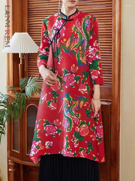 Robes décontractées Lanmrem Robe plissée de style chinois pour femmes Collier à moitié rivet Single Flower Flower Print Summer Clothing 2Z1258