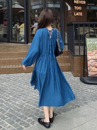 Robes décontractées lanmrem mode bleu robe de femme rond manches lanterne rond