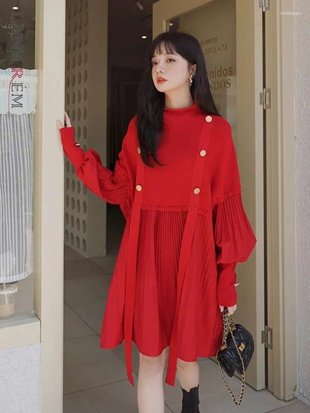 Robes décontractées Lanmrem Robe rouge tricotée pour femmes manches longues boutons coudre plissé des vêtements de tendance lâches hiver 2da2199