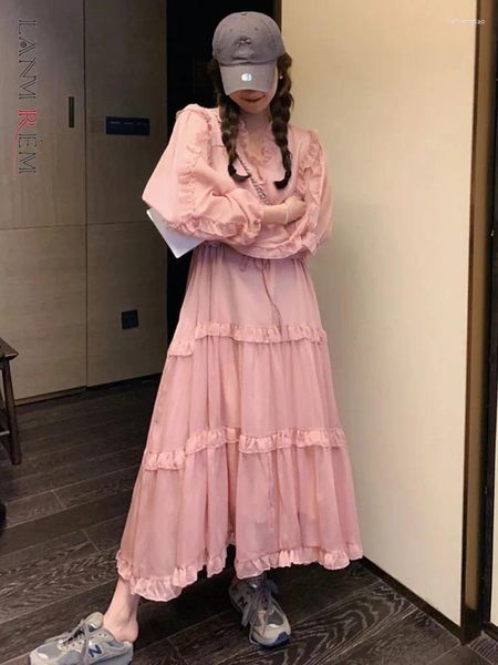 Robes décontractées lanmrem coréen voltiges robe rose femme V couche manches longues A-Line Elegant Party 2024 Vêtements de printemps 24968