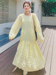 Robes décontractées lanmrem style coréen jaune robe longue femme rond coul lanterne manches lâches 2024 printemps 24995