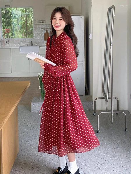 Vestidos informales Lanmrem Red Polka Dot Vestido para mujeres Mangas de mangas largas Drawstring Femenina Elegante 2024 Spring Summer 2DA4131